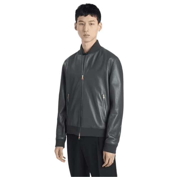 Soft Leather Bomber Jacket Grey - front side