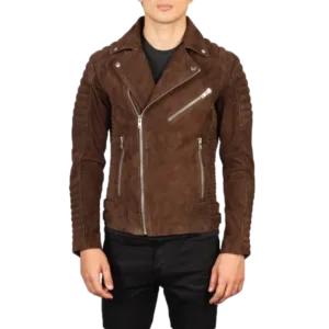 French Armand Mocha Suede Biker Jacket - Front Unzipped