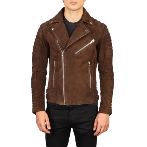 French Armand Mocha Suede Biker Jacket - Front Unzipped