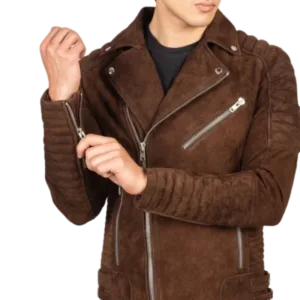 French Armand Mocha Suede Biker Jacket - Upclose