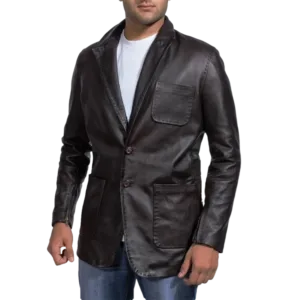 Men Leather Blazer Wine Black - Front Buttoned