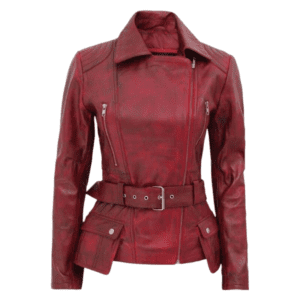 Women’s Distressed Biker Jacket Burgundy Front Side