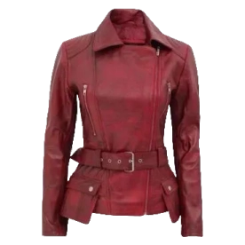 Women’s Distressed Biker Jacket Burgundy - Front