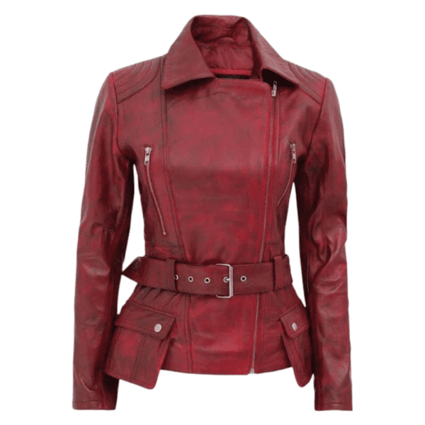 Women’s Distressed Biker Jacket Burgundy Front Side