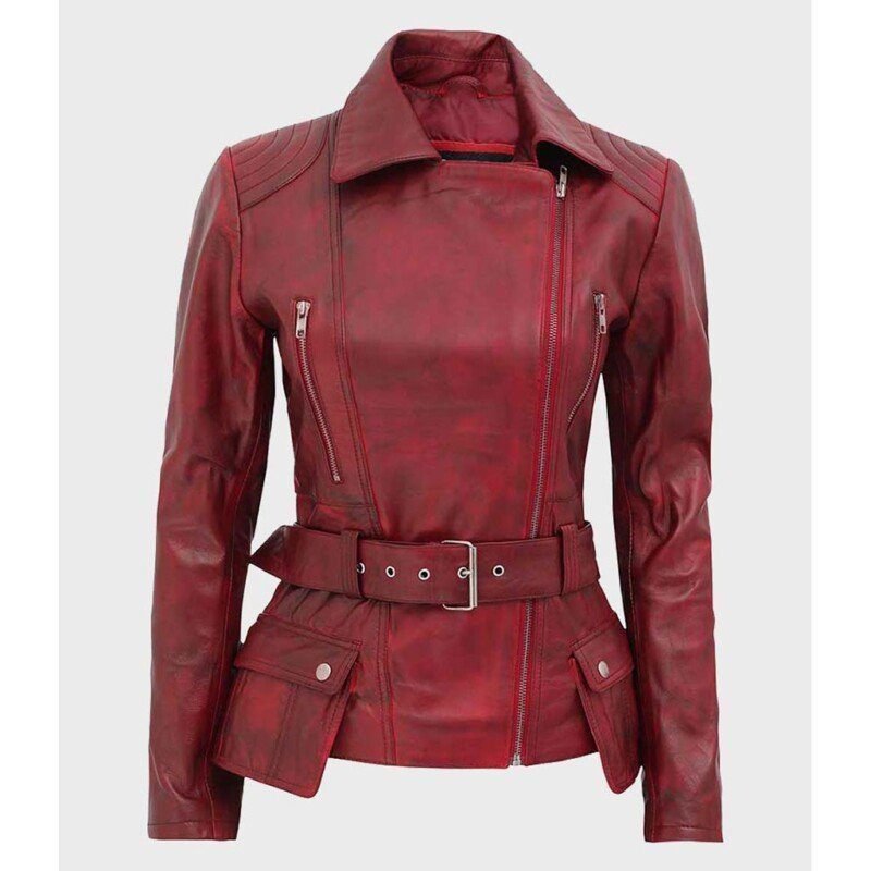 Women s Distressed Biker Jacket Burgundy Leather Outfitter