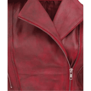 Women’s Distressed Biker Jacket Burgundy Colar Side