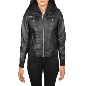 Womens Roslyn-Black Hooded Leather Bomber Jacket front Side