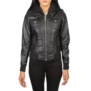 Womens Roslyn-Black Hooded Leather Bomber Jacket front unzipped