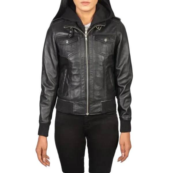 Womens Roslyn-Black Hooded Leather Bomber Jacket front unzipped