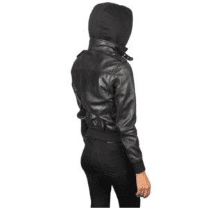 Roslyn Hooded Leather Bomber Jacket Black - Back Side