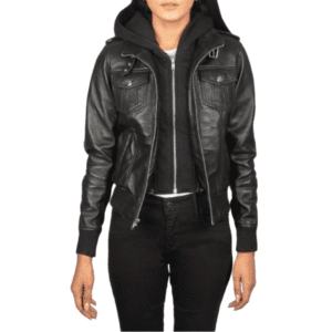 Roslyn Hooded Leather Bomber Jacket Black - Front Unzipped Side