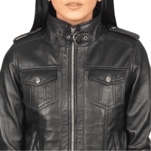 Roslyn Hooded Leather Bomber Jacket Black - Chest Pockets