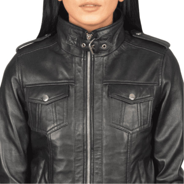 Roslyn Hooded Leather Bomber Jacket Black - Chest Pockets