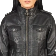 Roslyn Hooded Leather Bomber Jacket Black - Chest Pockets