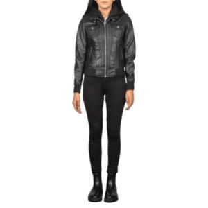 Roslyn Hooded Leather Bomber Jacket Black - Front Side