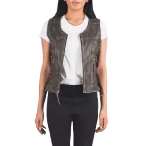 Vanda Distressed Brown Leather Biker Vest front unzipped