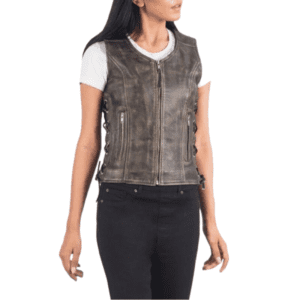 Vanda Distressed Brown Leather Biker Vest Front Side