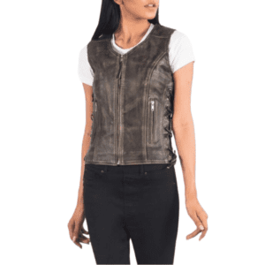 Vanda Distressed Brown Leather Biker Vest front side