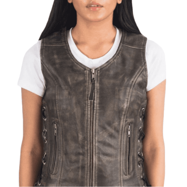 Vanda Distressed Brown Leather Biker Vest Back Side