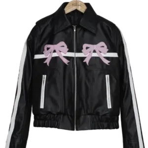 Women's Oversized Pink Bow Leather Jacket | Vegan Leather Bow Jacket Front side