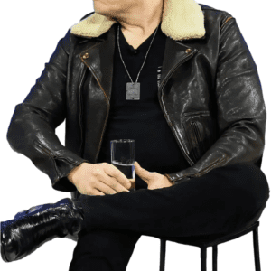 Elon Musk Brown Leather Biker JacElon Musk Brown Leather Biker Jacket sitting tycon sideket Front side