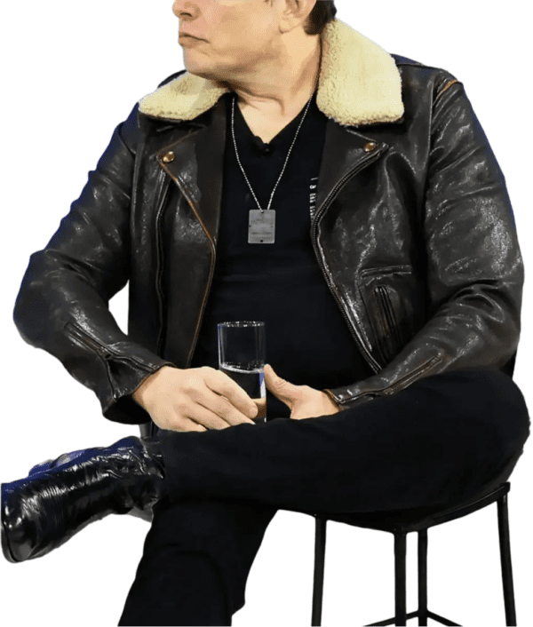 Elon Musk Brown Leather Biker JacElon Musk Brown Leather Biker Jacket sitting tycon sideket Front side