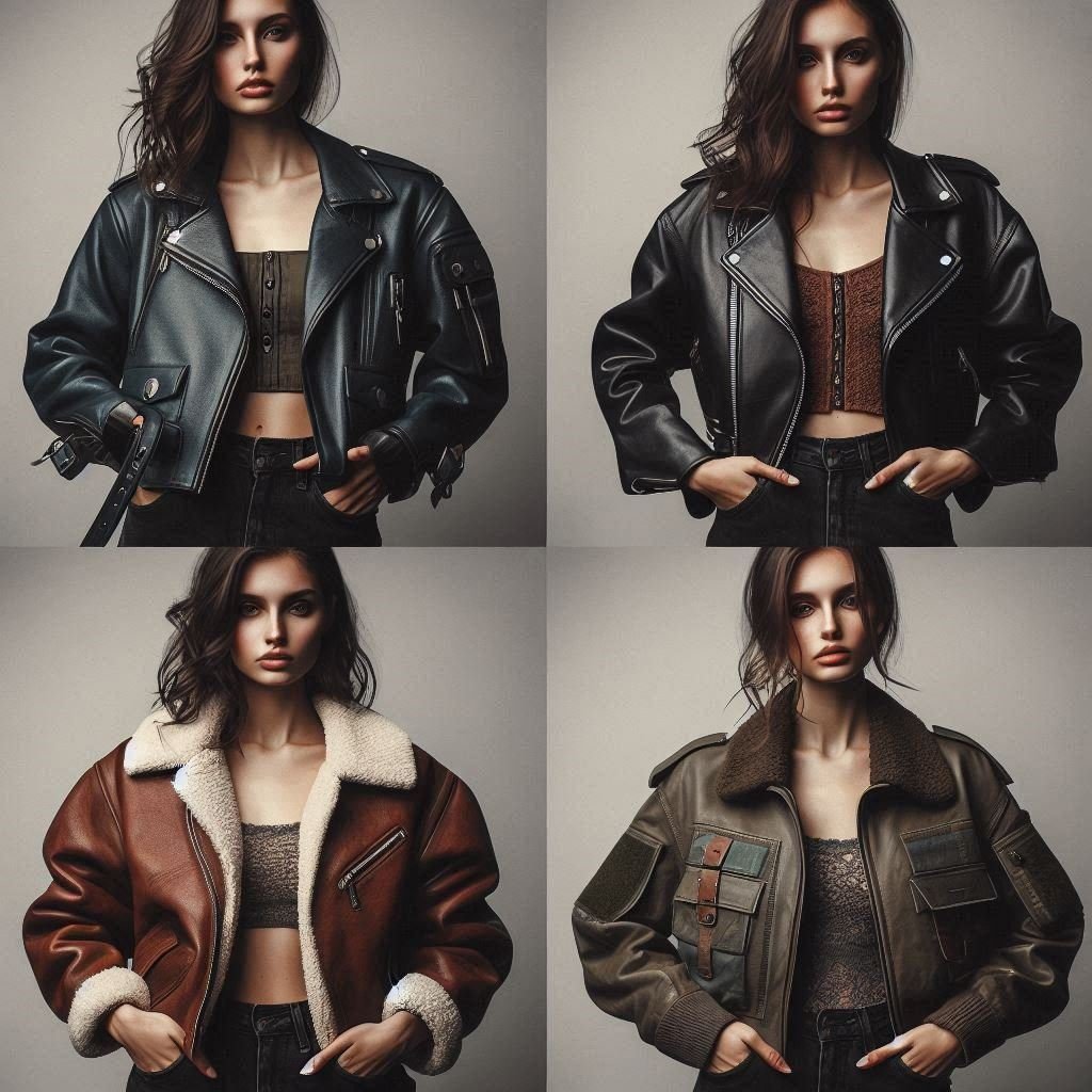 A collage featuring four distinct women’s leather jackets: a biker jacket,
bomber jacket, aviator jacket, and field jacket. Each jacket is displayed on a model
styled differently to represent various vibes: edgy, casual, chic, and functional.