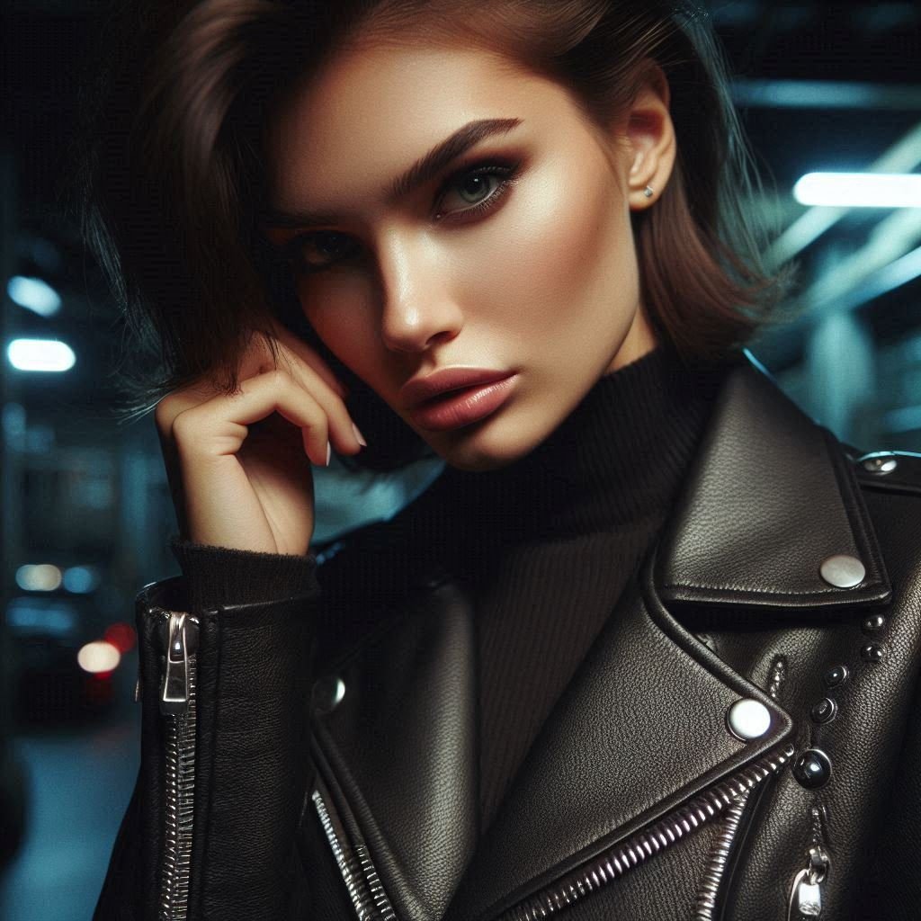 A close-up of a woman wearing a black biker leather jacket with silver hardware. She’s posing with an intense expression, possibly in a dimly lit urban setting, complementing the bold and edgy nature of biker jackets.