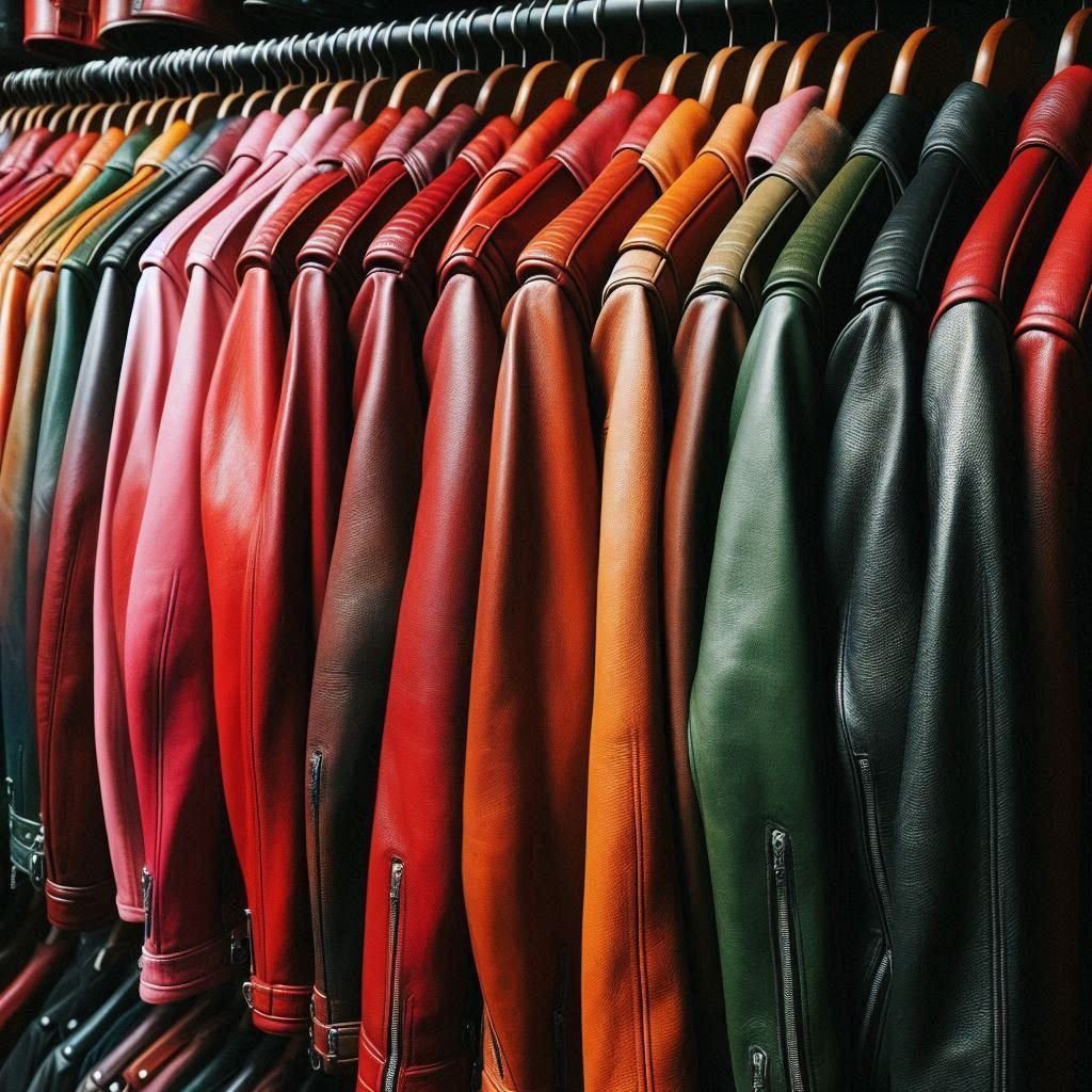 A vibrant spread of leather jackets in various colors — red, brown, black,
pink, and green — hung neatly on a clothing rack. Each color pops, creating a visually
appealing rainbow of leather options.
