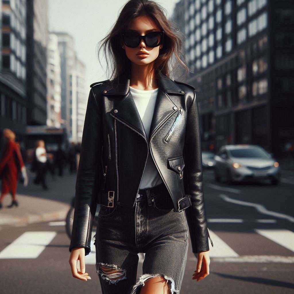 A street-style shot of a woman rocking a classic black leather jacket,
paired with distressed jeans, ankle boots, and oversized sunglasses. She’s walking
down a busy street with a confident stride