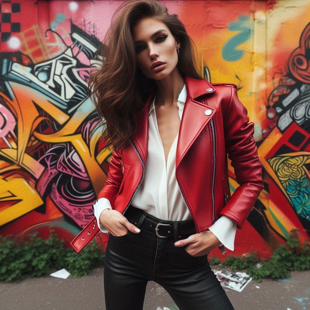 A woman striking a bold pose while wearing a red leather jacket, styled
with black skinny jeans and a white blouse, standing in front of a vibrant, graffiti-covered
wall.
