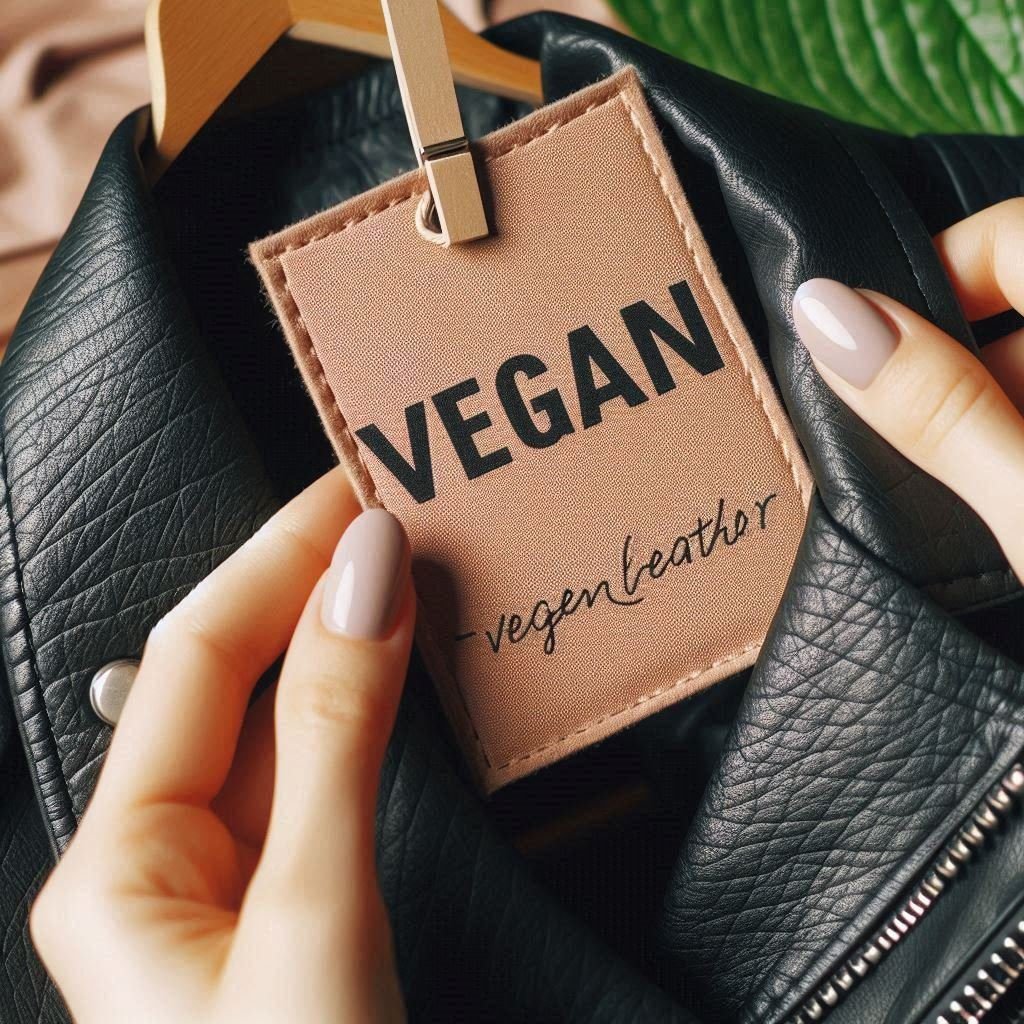 A close-up of hands holding a vegan leather jacket label, with the jacket's
texture visible in the background, highlighting eco-conscious materials. Alternatively, an
image showing a jacket labeled “upcycled leather” on a store rack