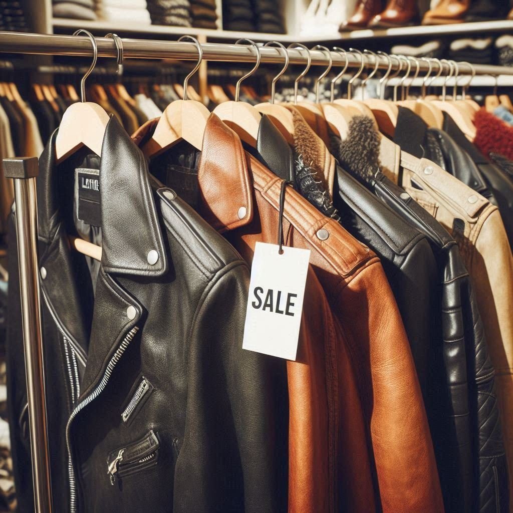 A rack of affordable leather jackets in various styles, with price tags
visibly marked down (e.g., “Sale” or “$99”). The setting could be a trendy store like Zara
or a second-hand boutique.