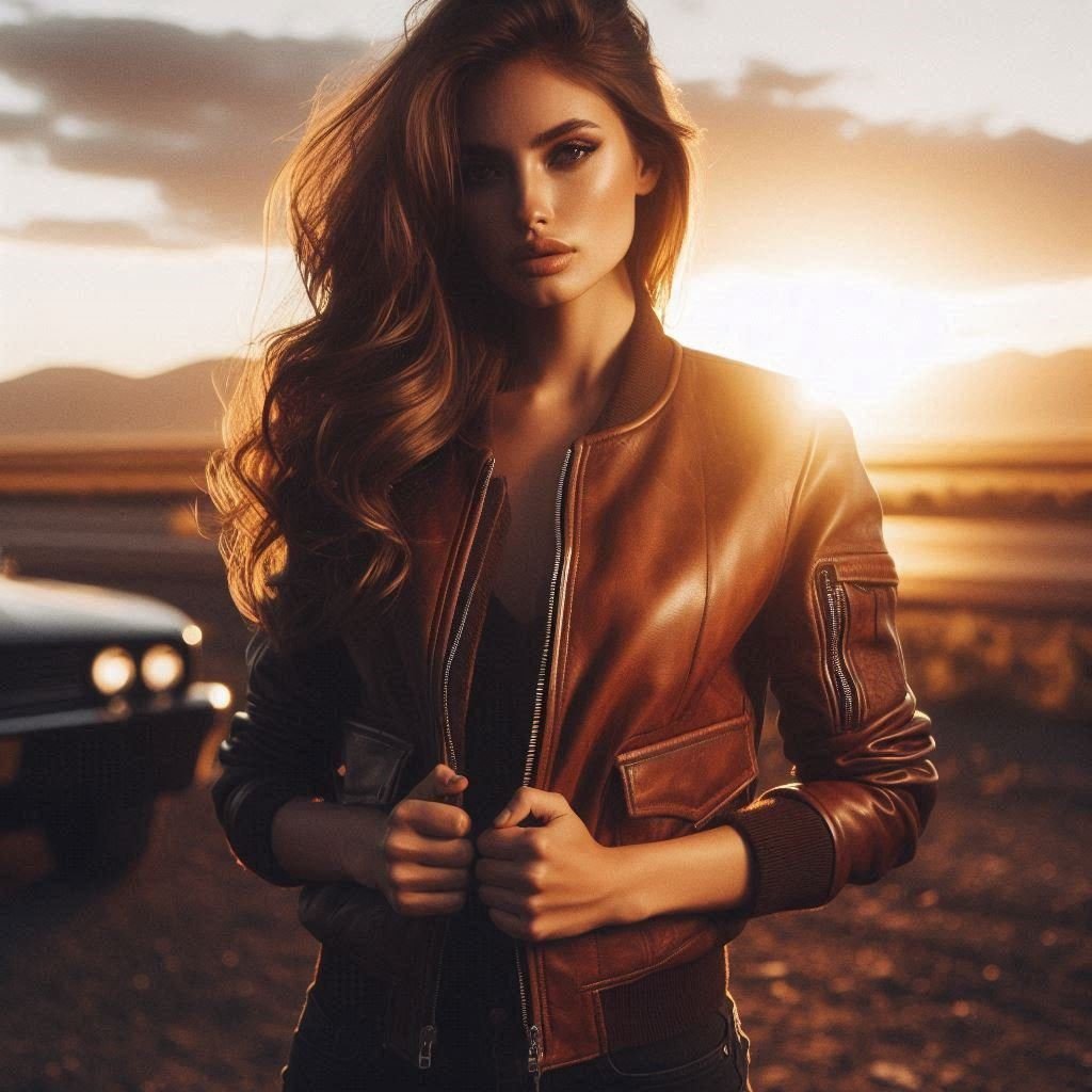 A woman wearing a brown leather bomber jacket standing confidently,
with the sun setting in the background, evoking a sense of adventure and freedom. A
text overlay could read “Find Your Perfect Leather Jacket at LeatherOutfiter.com.