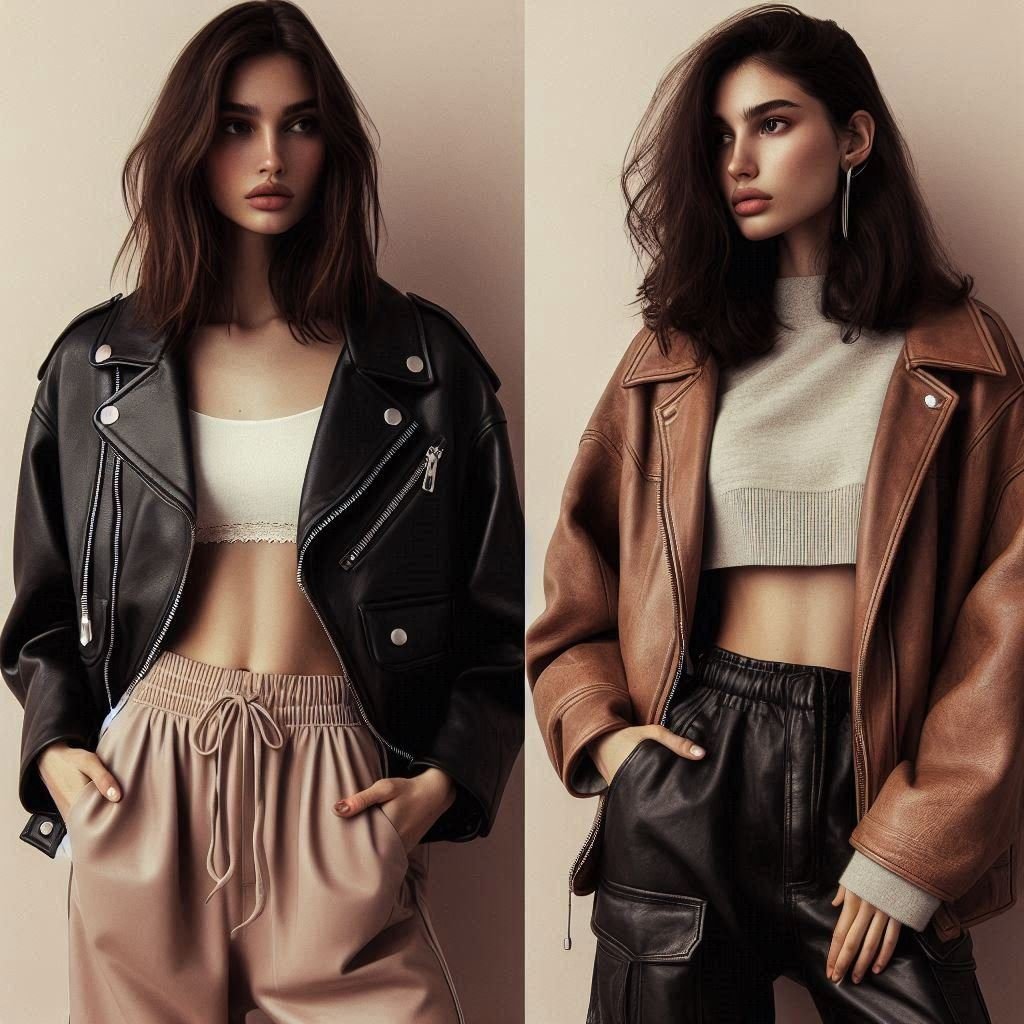 A side-by-side comparison of two models: one wearing a cropped leather
jacket paired with high-waisted pants, and the other in an oversized leather jacket with
a casual streetwear look.