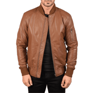 Bomia Ma-1 Brown Leather Bomber Jacket front unzip side