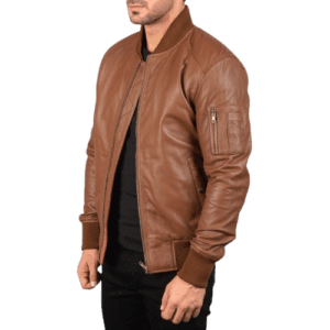 Mens-Bomia-Ma-1-Brown-Leather-Bomber-Jacket side unzipped