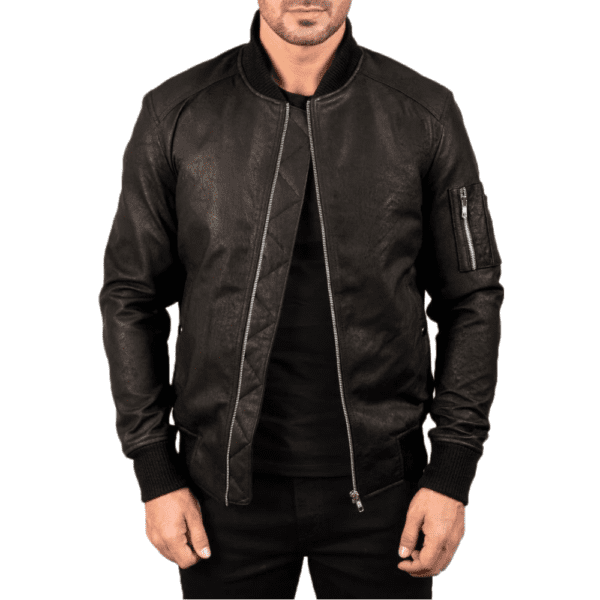 Bomia Ma-1 Distressed Black Leather Bomber Jacket unzipped side