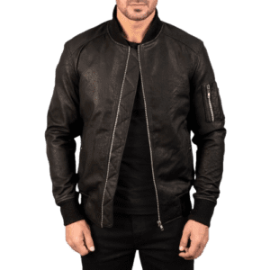 Mens-Bomia-Ma-1-Distressed-Black-Leather-Bomber-Jacket front unzipped side