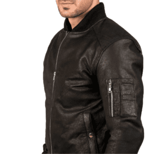 Bomia Ma-1 Distressed Black Leather Bomber Jacket Pocket aside