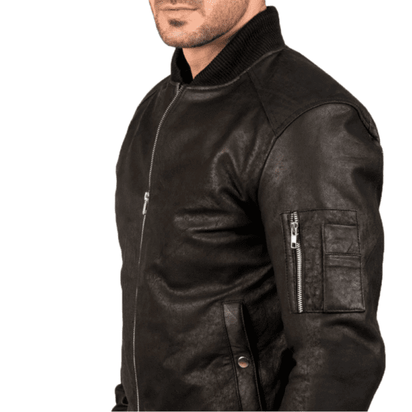 Bomia Ma-1 Distressed Black Leather Bomber Jacket Pocket aside