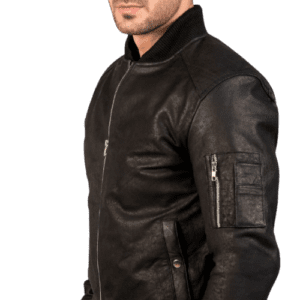 Mens-Bomia-Ma-1-Distressed-Black-Leather-Bomber-Jacket front pocket side