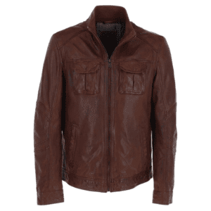 Mens Sheep Leather Jacket Red Brown Jason Front Side