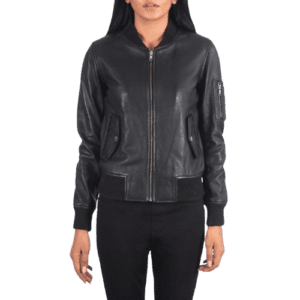 Ava Ma-1 Black Leather Bomber Jacket front zippd side