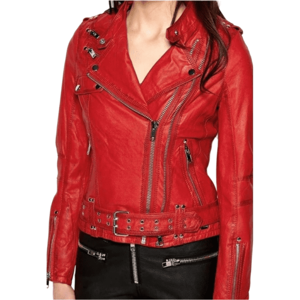 Womens Cafe Racer Leather Motorcycle Jacket Red front side