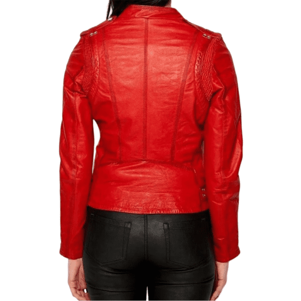 Womens Cafe Racer Leather Motorcycle Jacket Red Back side