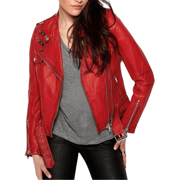 Womens Cafe Racer Leather Motorcycle Jacket Red Front Unzipped side