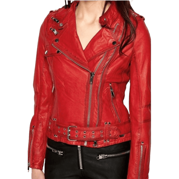 Womens Cafe Racer Leather Motorcycle Jacket Red front side