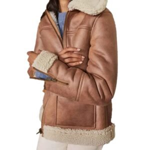 Women Brown Sheepskin Shearling Leather Aviator Jacket RIGHT SIDE