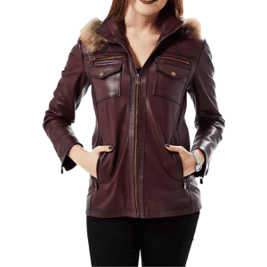 Carmen Women’s Maroon Leather Waxed Jacket Front Unbottoned Side